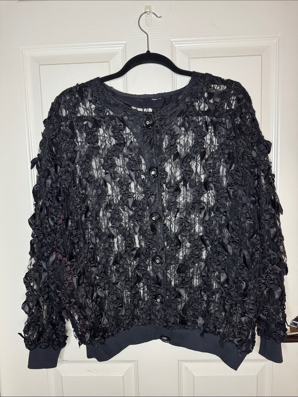Black Textured Openwork Button-Front Cardigan
